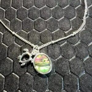 Turtle Silhouette Anklet Green Abalone Stone 18K White Gold Plated